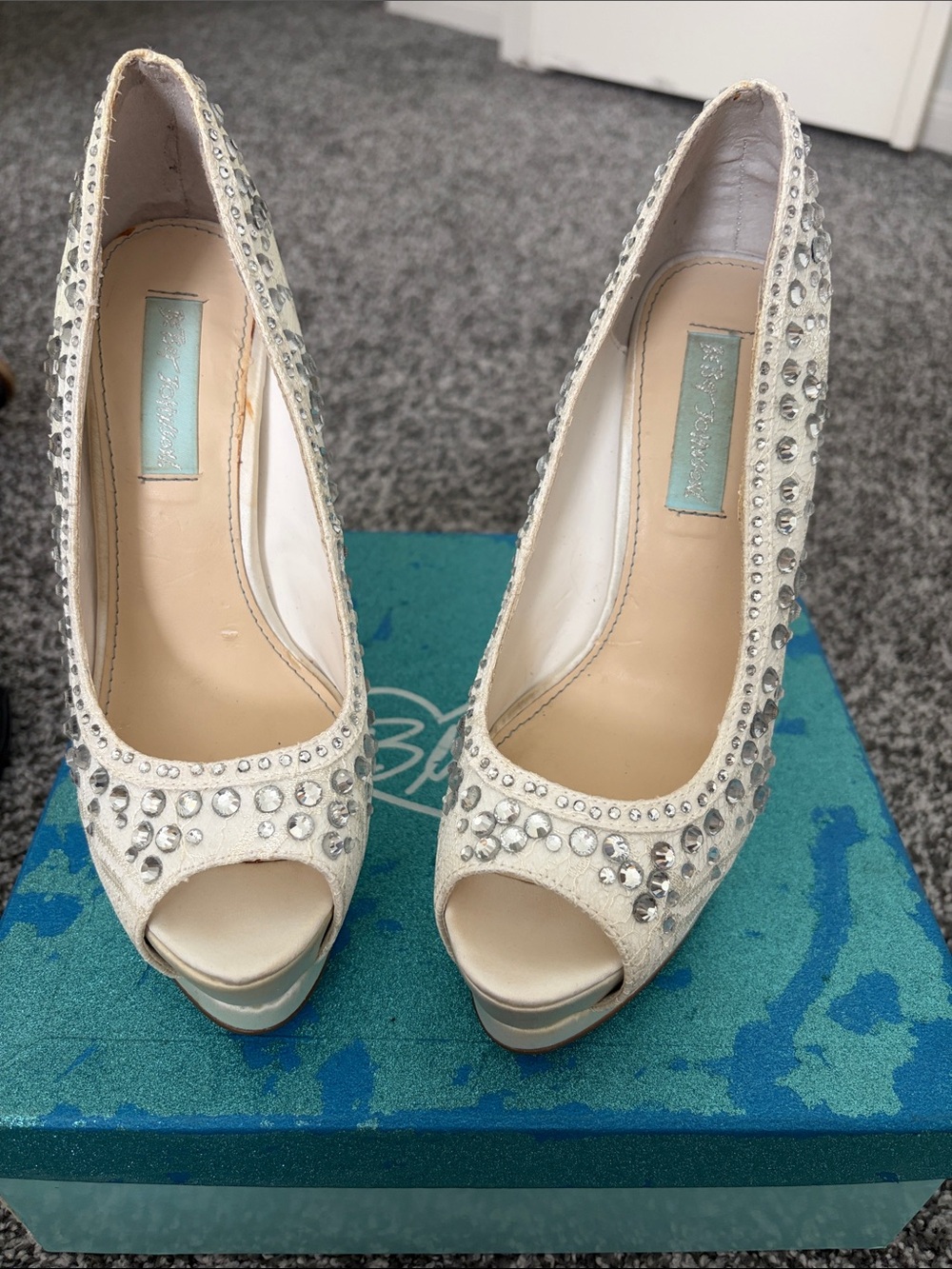 Betsy Johnson Embellished Ivory Peep-Toe Platform Pumps